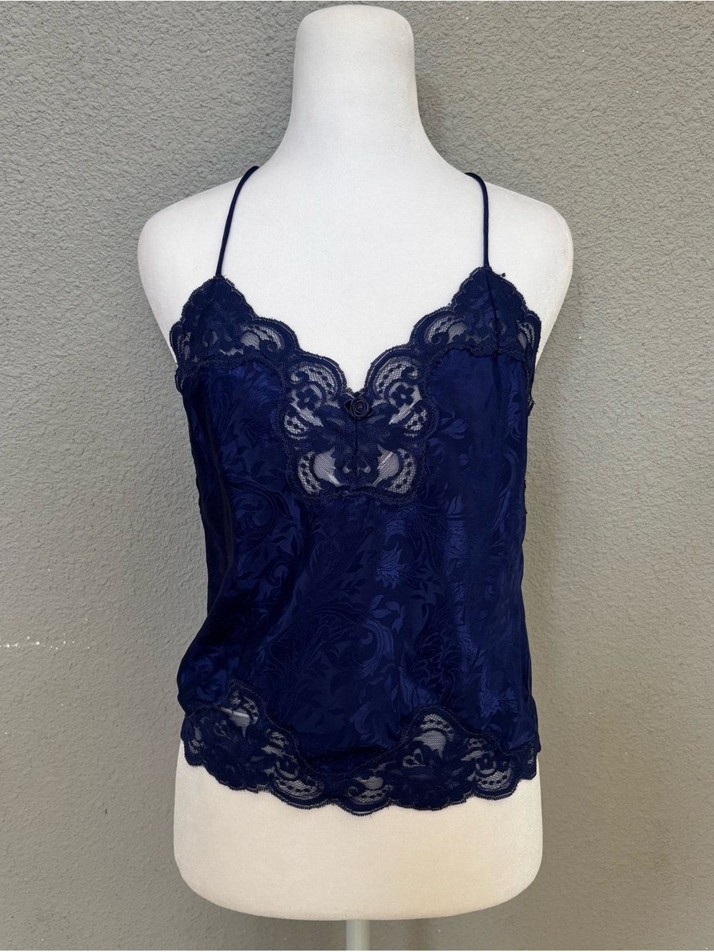 Scalloped Lace Satin Cami Top - Navy